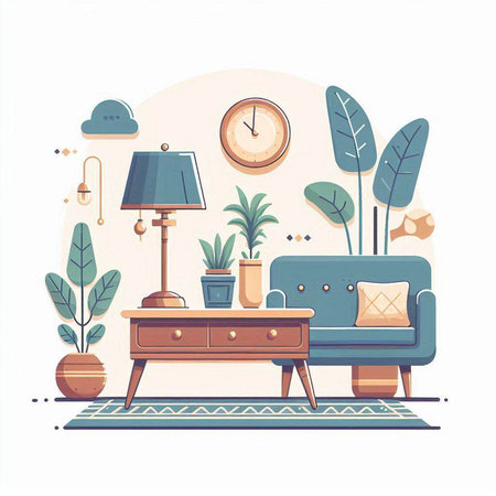 Living room interior with furniture in flat style. Furniture and accessories. Vector illustration.のイラスト素材