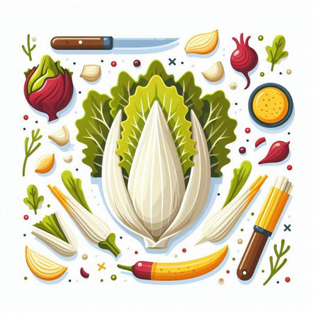 Vegetables set with radicchio, chard, onion, garlic, pepper and knife vector illustrationのイラスト素材