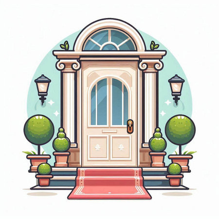 Vector illustration of a front door of a house decorated with plants.のイラスト素材
