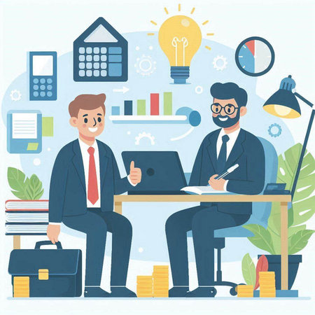 Businessman sitting at office desk and working on laptop. Vector illustrationのイラスト素材