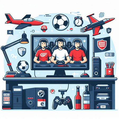 Video game club concept. Vector illustration in flat cartoon style. Video game console, joystick, player, controller, gamepad, joystick, headphones and other equipment.のイラスト素材