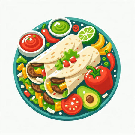 Mexican food vector illustration. Burrito, quesadilla, guacamole, chili pepper, tomato, cucumber, bell pepper, avocado, onion, corn tortilla, tortillaのイラスト素材