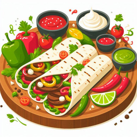 Mexican tacos with vegetables and sauce. Vector illustration in cartoon styleのイラスト素材
