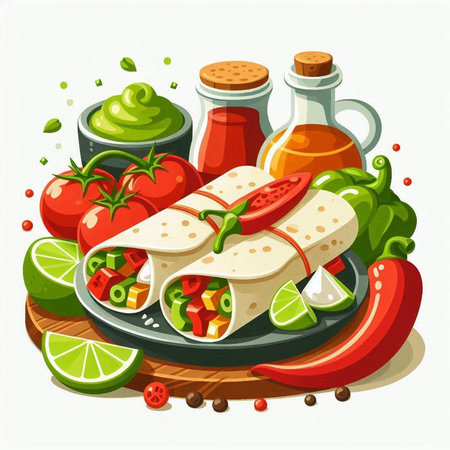 Mexican burrito with guacamole sauce and ingredients vector illustrationのイラスト素材