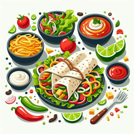 Mexican cuisine vector illustration, mexican tortilla wrap with guacamole sauce, guacamole and vegetables, tortilla tortilla wraps with beef meat, cheese, tomato, cucumber, onion, bell pepperのイラスト素材