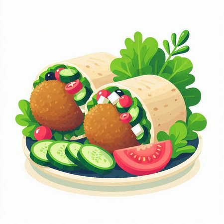 Tortilla wraps with cucumber and tomato. Vector illustration.のイラスト素材
