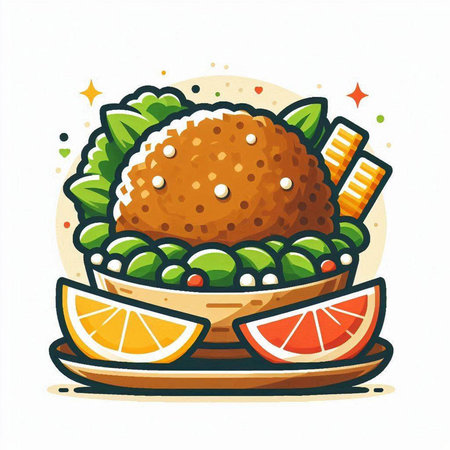 Vector illustration of a croquettes on a plate with tomatoes and greens.のイラスト素材