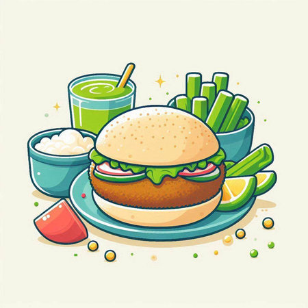 Illustration of a hamburger on a plate with fries and juiceのイラスト素材