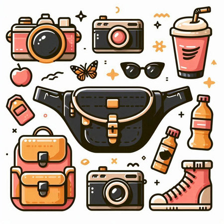 Vector set of hand drawn doodle travel and vacation icons.のイラスト素材