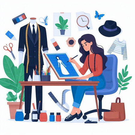 Tailor woman working at her workplace. Vector illustration in flat styleのイラスト素材