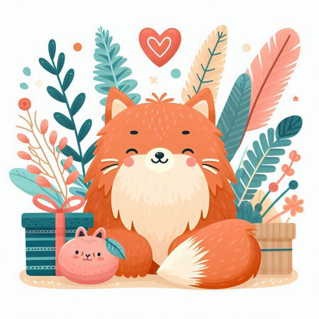 Cute fox with gifts and flowers. Vector illustration in cartoon style.のイラスト素材