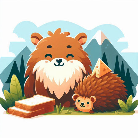 Cute cartoon hedgehog with two cubs on the background of mountainsのイラスト素材