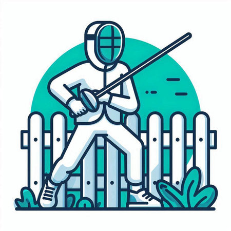 Fencing sport vector illustration in flat line style. Fencing player with fencing equipment.のイラスト素材