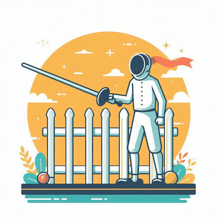 Fencing sport vector illustration. Man in fencing costume with sword and helmet.のイラスト素材