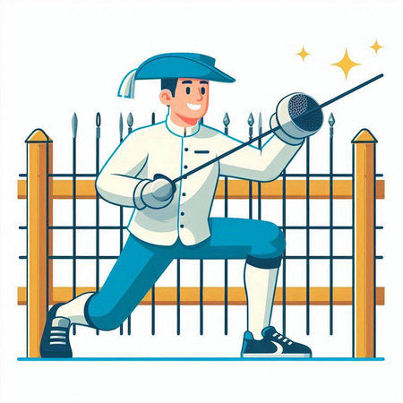 Fencing sport vector illustration. Cartoon man in cap and gloves with sword in hand.のイラスト素材