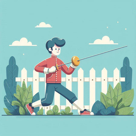 Fencing man in the park. Vector illustration in flat style.のイラスト素材