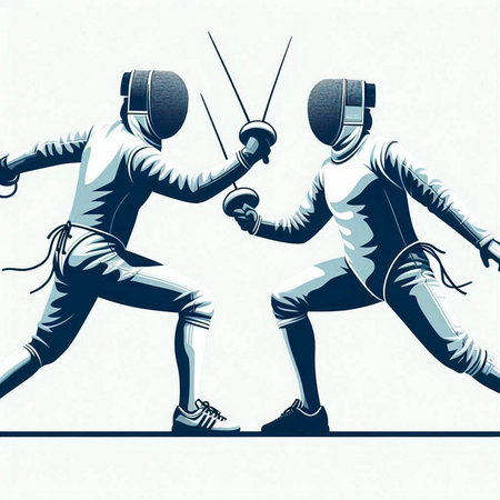 illustration of two fencing players on white background with space for textのイラスト素材