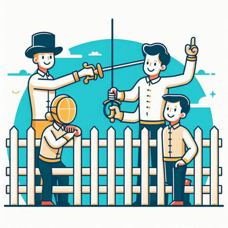 Fencing competition, two men and one man with fencing, vector illustrationのイラスト素材