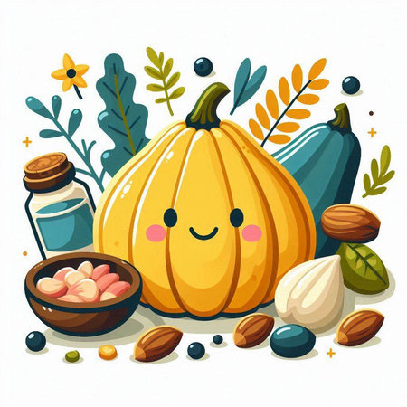 Pumpkin character with nuts and seeds. Vector cartoon illustration.のイラスト素材