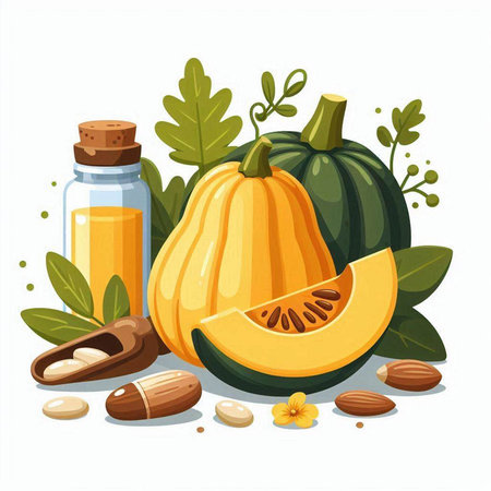 Pumpkin, seeds and oil in a glass bottle. Vector illustration.のイラスト素材