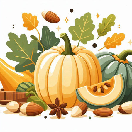 Autumn background with pumpkins, leaves and nuts. Vector illustration.のイラスト素材