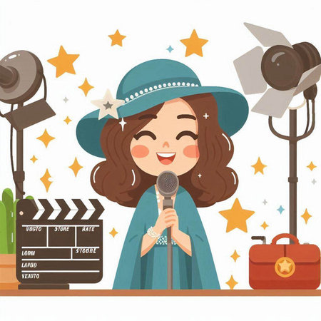 Illustration of a girl in a hat with a microphone and a clapperboardのイラスト素材