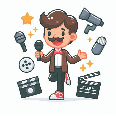 Cartoon man with microphone and clapperboard. Vector illustration.のイラスト素材