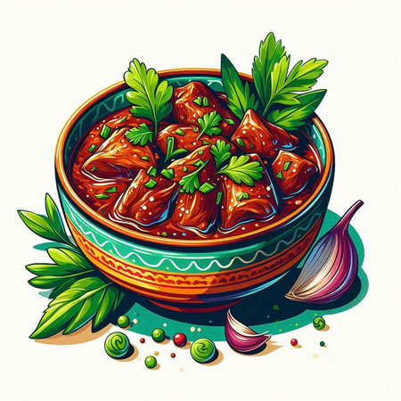 Vector illustration of a bowl of goulash with parsley and garlicのイラスト素材