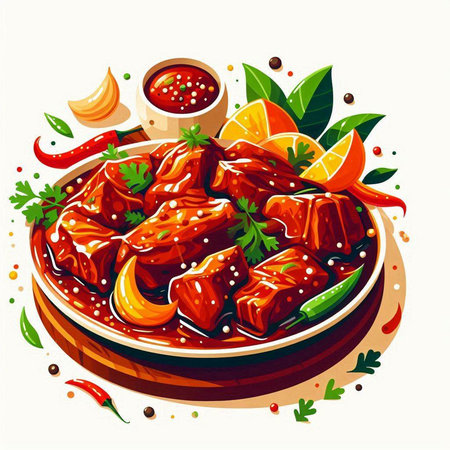 Vector illustration of a dish of stewed meat with tomato sauce.のイラスト素材