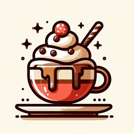 Cup of hot tea with whipped cream and cherry. Vector illustration.のイラスト素材