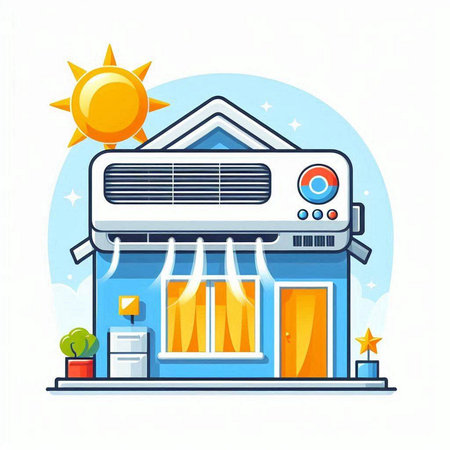 Air conditioner on the background of the house. Vector illustration.のイラスト素材
