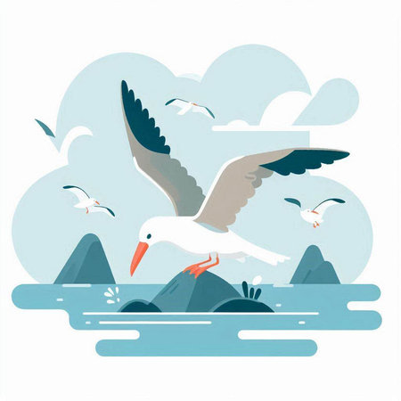 Seagull flying over the sea. Vector illustration in flat styleのイラスト素材