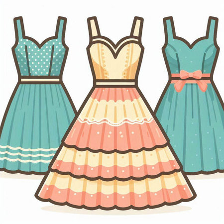 Illustration of a set of dresses for a young girl in retro styleのイラスト素材