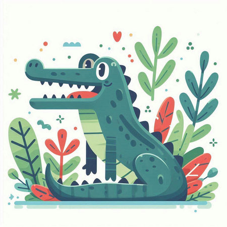 Cute crocodile in the jungle. Vector illustration in flat style.のイラスト素材