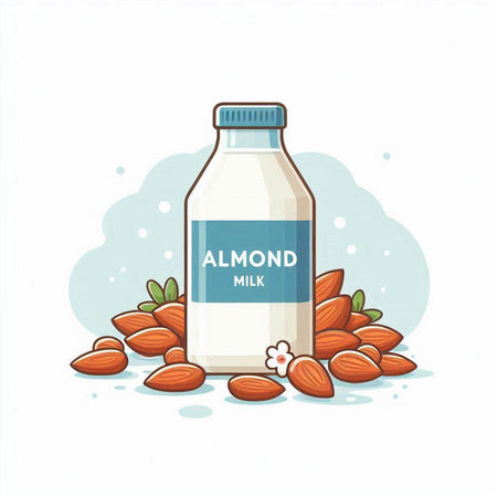 Almond milk in a glass bottle. Vector illustration on white background.のイラスト素材