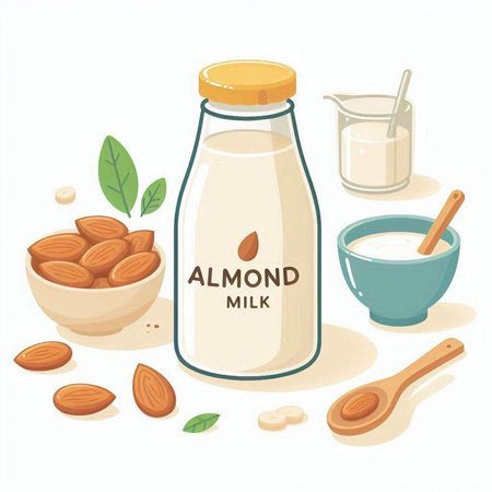 Almond milk in a glass bottle with spoon and bowl of nuts. Vector illustration.のイラスト素材