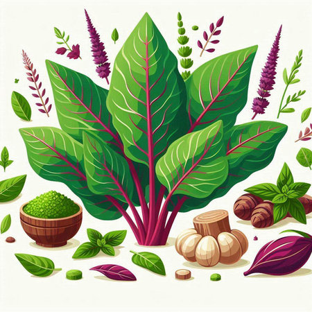 Illustration of green basil leaves, garlic, oregano, parsley and spicesのイラスト素材