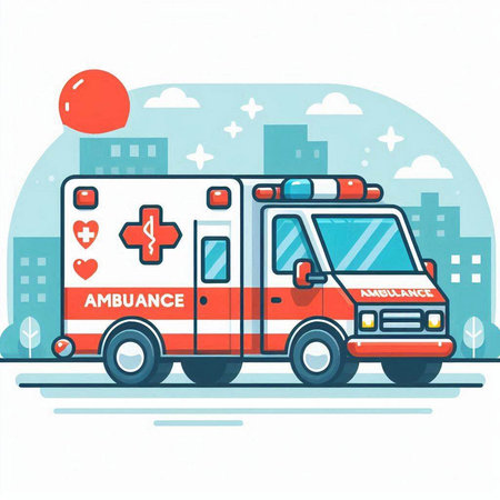 Ambulance on the street. Vector illustration in flat style.のイラスト素材