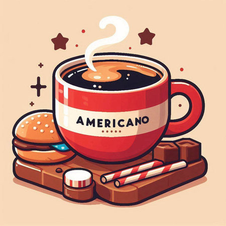 Cup of coffee with chocolate and hamburger. Vector illustration.のイラスト素材