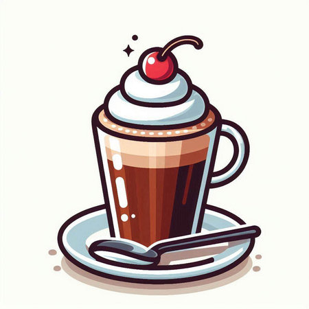Coffee cup with whipped cream and cherry, vector illustration.のイラスト素材