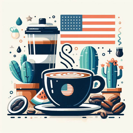 Coffee cup with american flag and coffee beans. Vector illustrationのイラスト素材
