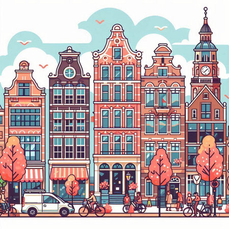 Amsterdam, Netherlands. Street view with old buildings and people. Vector illustration.のイラスト素材
