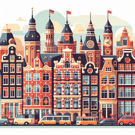 Amsterdam cityscape. Netherlands. Vector illustration in flat style.のイラスト素材