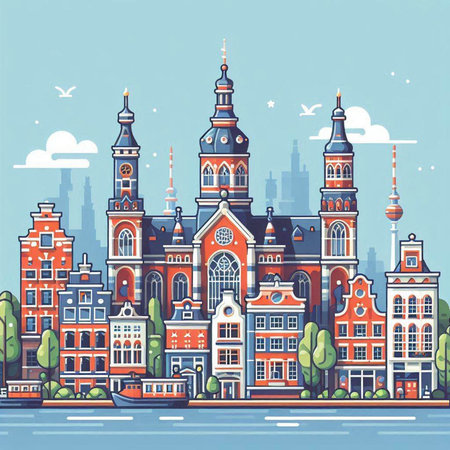 Amsterdam cityscape, Netherlands. Vector illustration in flat style.のイラスト素材