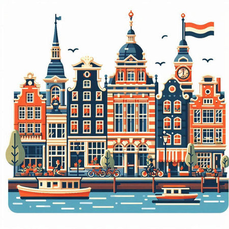 Amsterdam cityscape. Vector illustration in flat style. Travel concept.のイラスト素材