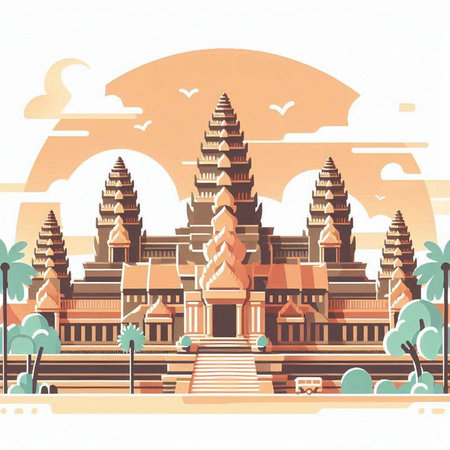 Buddhist temple in the morning. Vector illustration in flat styleのイラスト素材