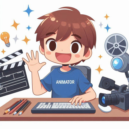 A boy with a computer and a video camera. Vector illustration.のイラスト素材