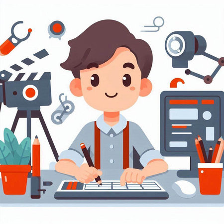 Illustration of a Teenage Boy Studying in a Video Studioのイラスト素材