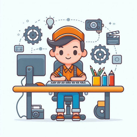 Man working on computer at home. Vector illustration in cartoon style.のイラスト素材