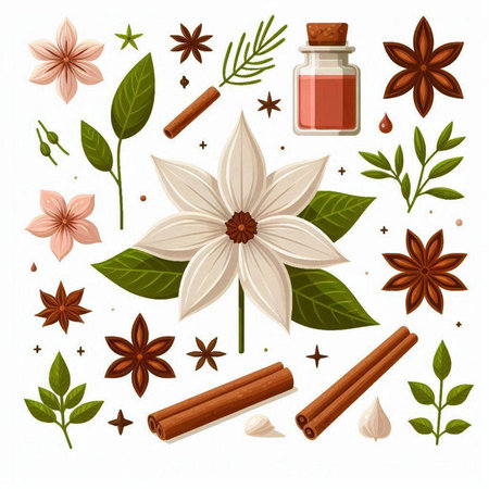 Cinnamon, star anise, cloves, green leaves and flower. Vector illustration.のイラスト素材